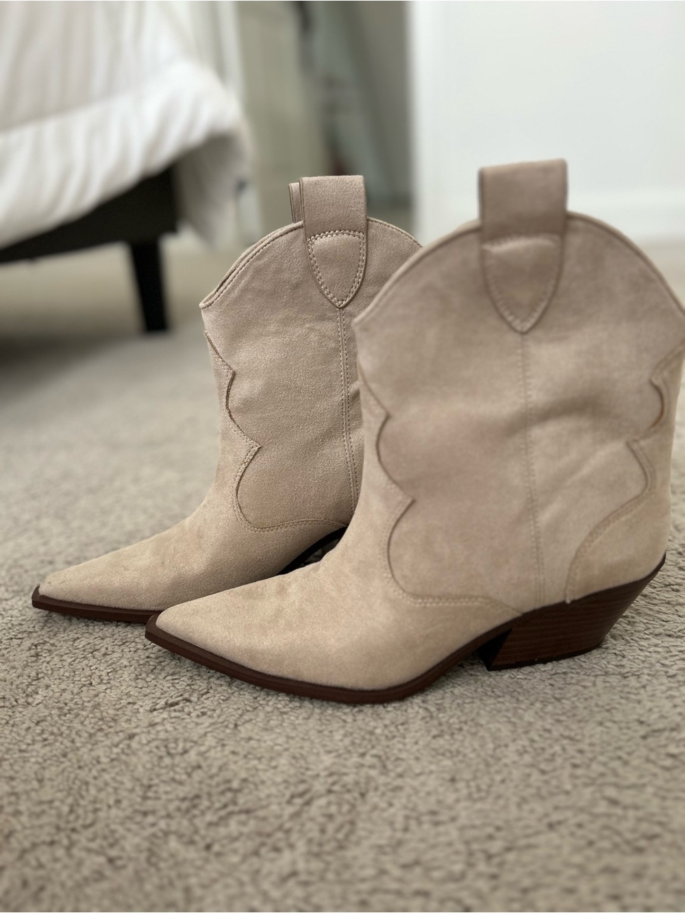 Suede Western Ankle Boots in Beige - Women's Fashion Booties